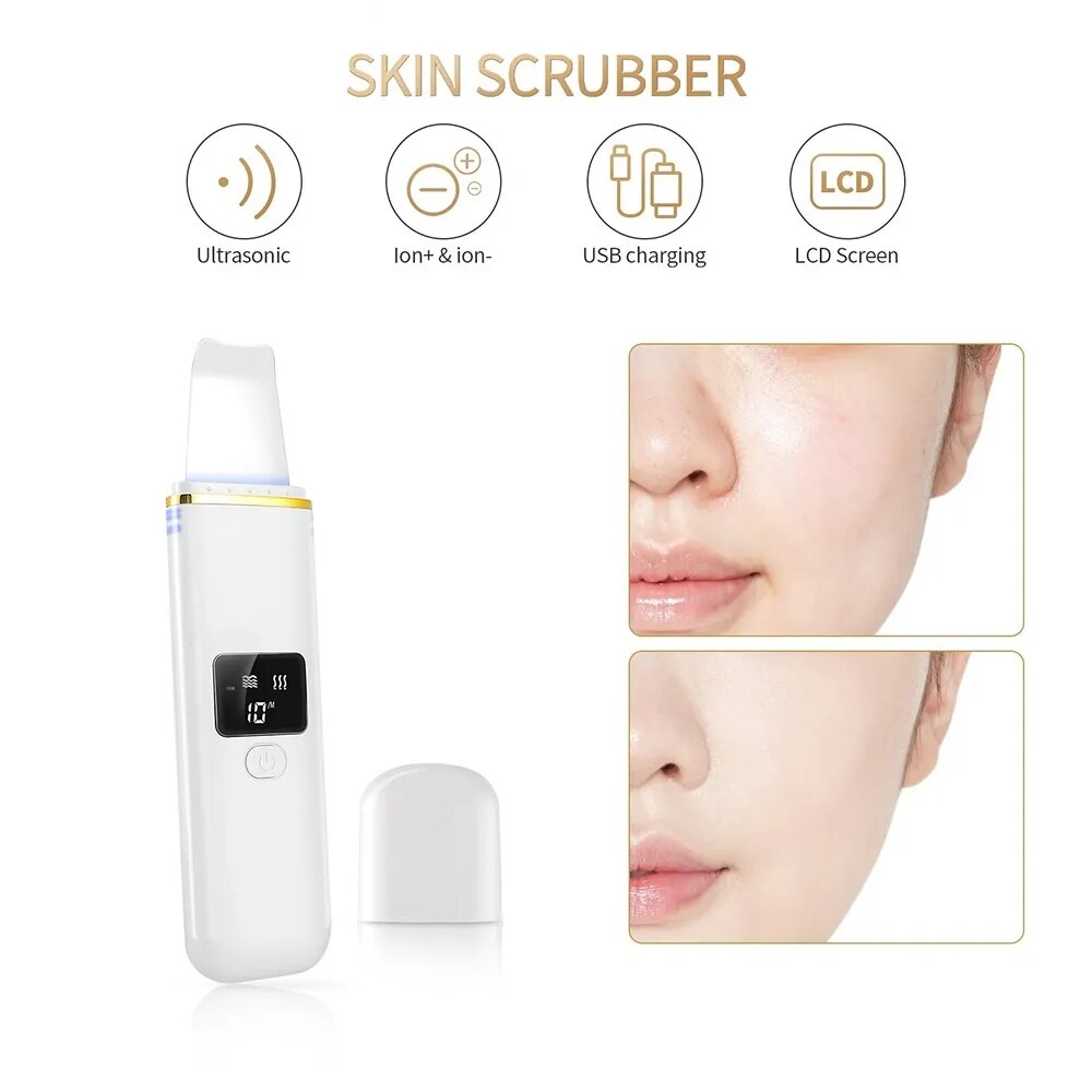 LCD Screen Facial Skin Scrubber Ultrasonic Ion Pore Deep Peeling Cleaner Exfoliation Grease Blackhead Extractor Lifting Device