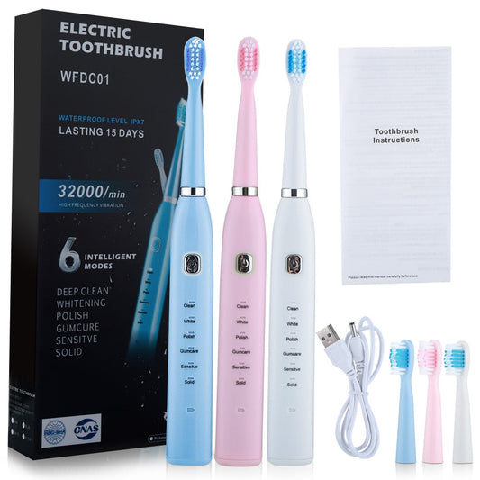 Electric Toothbrush USB Rechargeable Professional 6 Modes 6 Speeds Dental Care Waterproof Toothbrush Soft Bristles Teeth Whiten