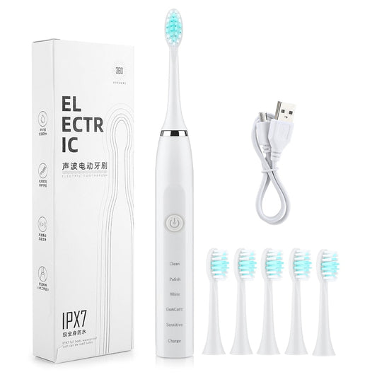 Electric Toothbrush Sonic Tooth Brush for Adult Brush 5 Heads USB Rechargeable Replacement Set Teeth Cleaner Timer 5 Modes IPX7