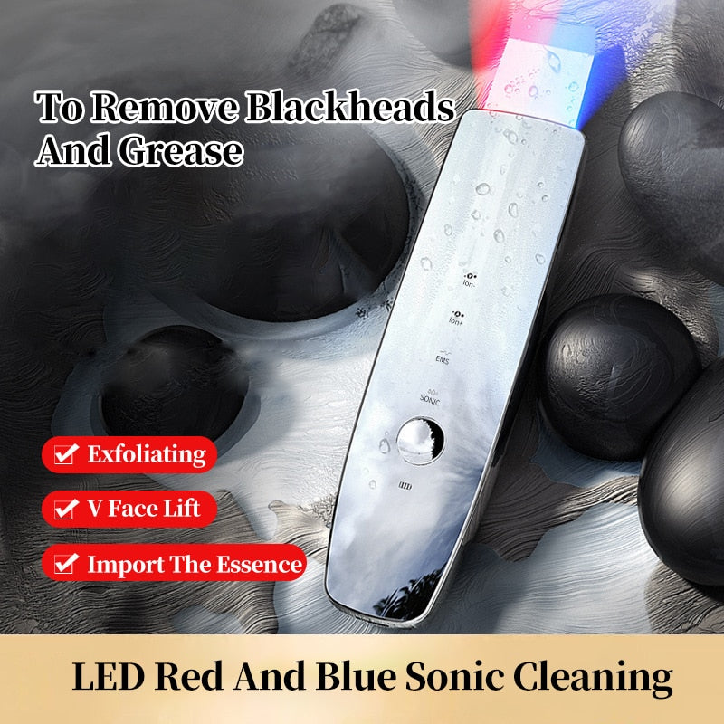 EMS Ultrasonic Skin Scrubber Face Spatula LED Red Blue Photon Massager Facial Shovel Deep Cleansing Anti-wrinkle Lifting Tool