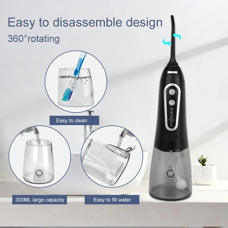 Oral Irrigator 5 Modes USB Rechargeable Portable Dental Water Flosser Jet 300ml Water Tank Teeth Cleaner 6 Jet Nozzle