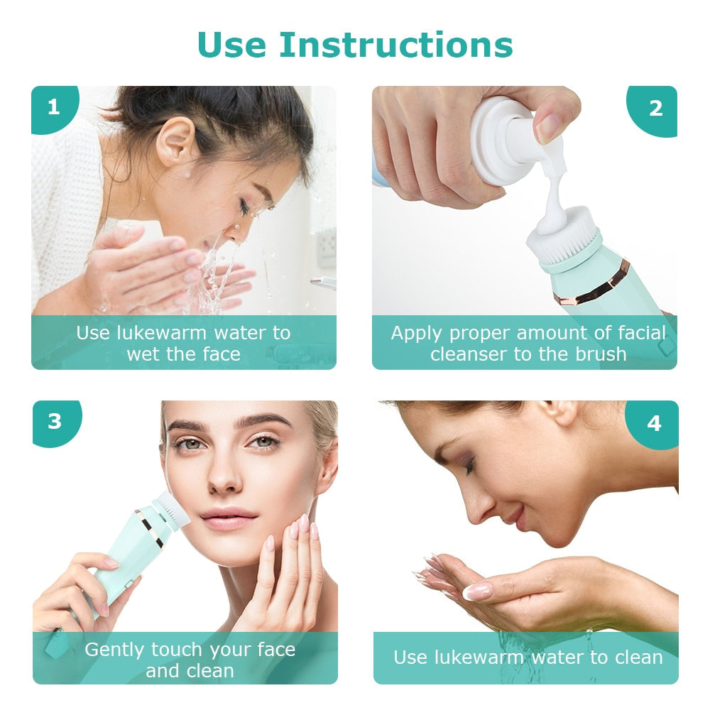 4 in 1 Electric Facial Cleanser Wash Face Cleaning Machine Skin Pore Cleaner Body Cleansing Massage Mini Beauty Massager Brush