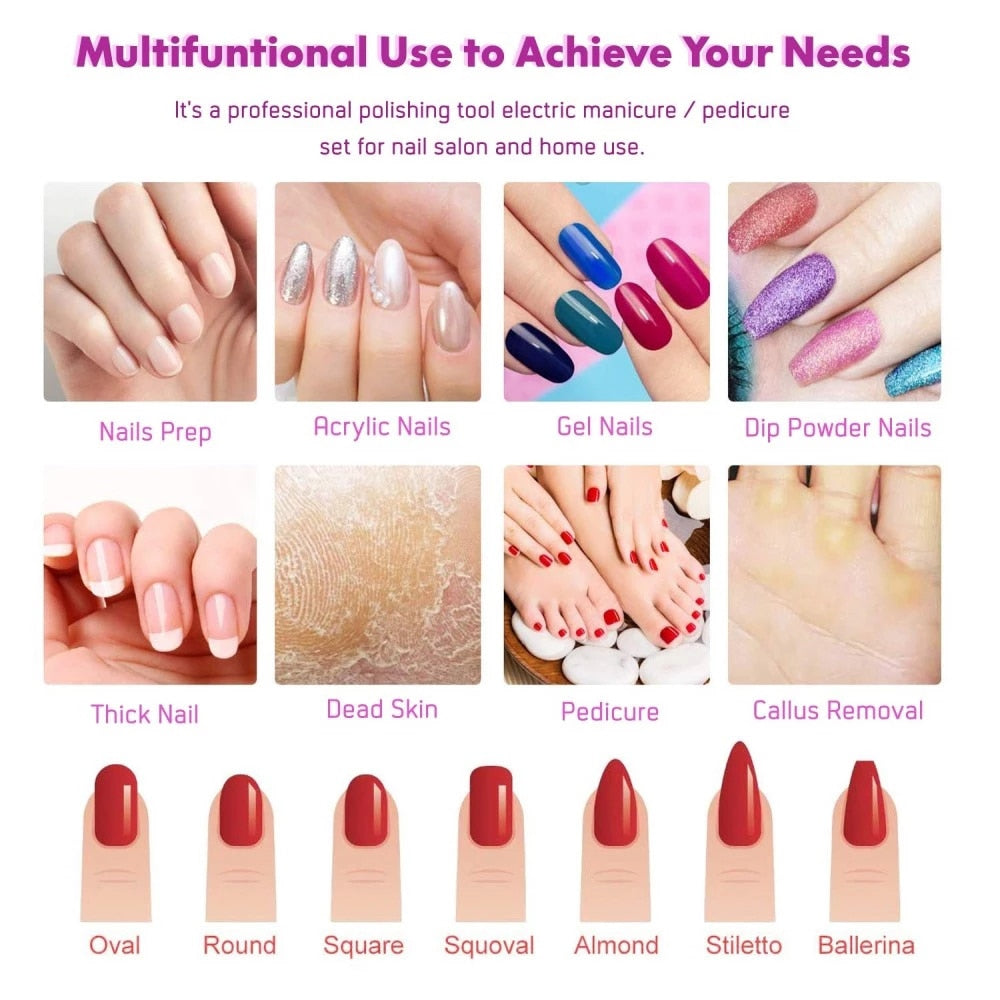 Electric Nail Drill Machine 20000RPM Professional Nail File Kit Cordless Milling Cutter Pedicure Manicure Tool Nail Salon