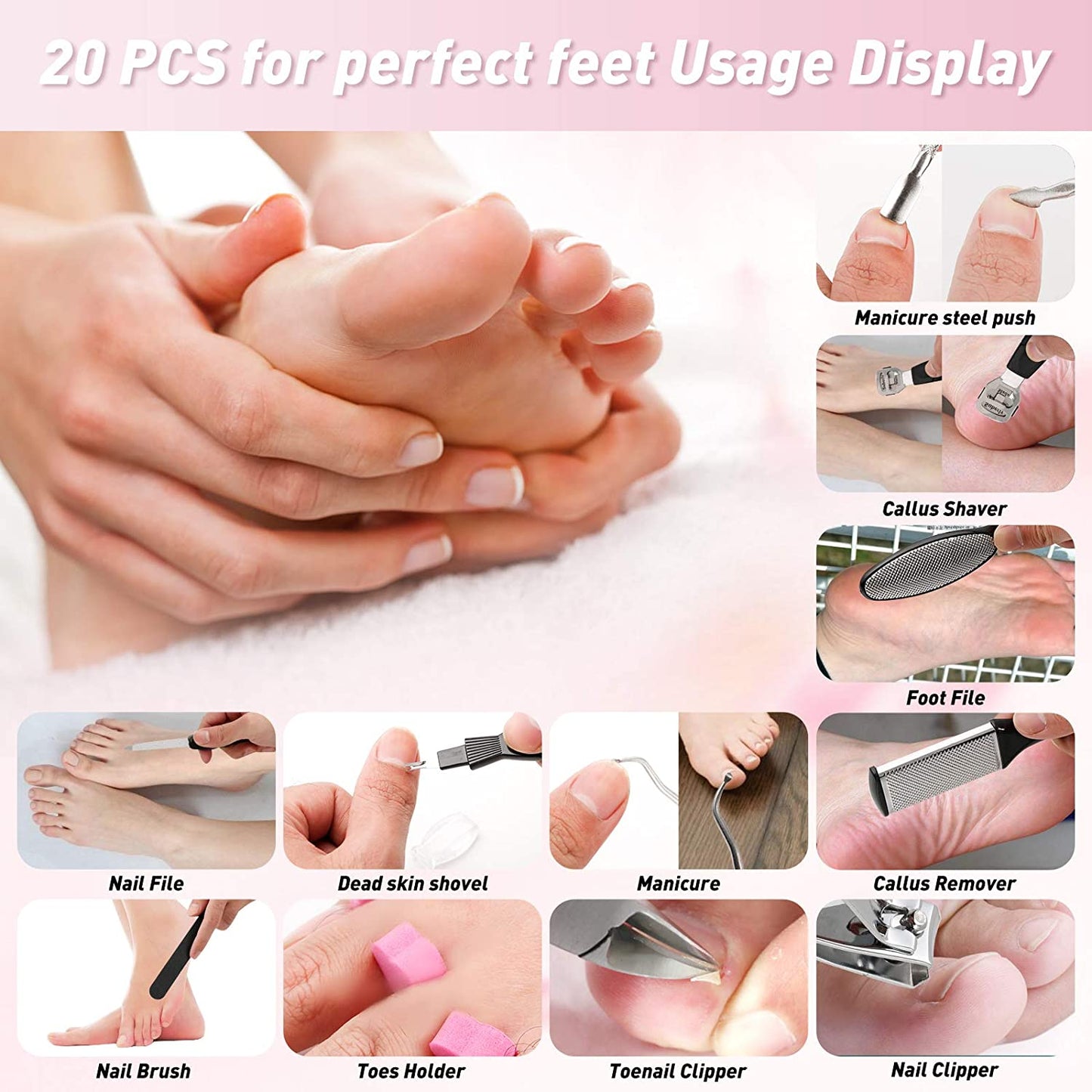 20 in 1 Professional Pedicure Tools Set, Foot Care Scrubber Pedicure Kit Stainless Steel Foot Rasp Foot Dead Skin Remover Callus