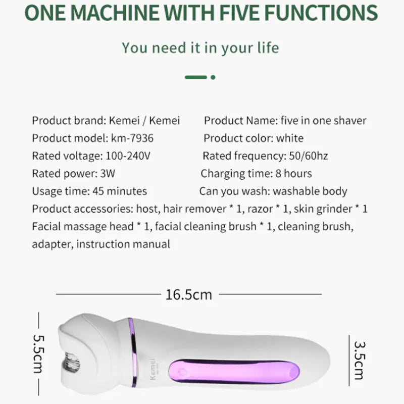 Women Electric Epilator Face Female Shaver Facial & Body Hair Removal Lady Leg Shaving Machine Rechargeable 5in1 Set