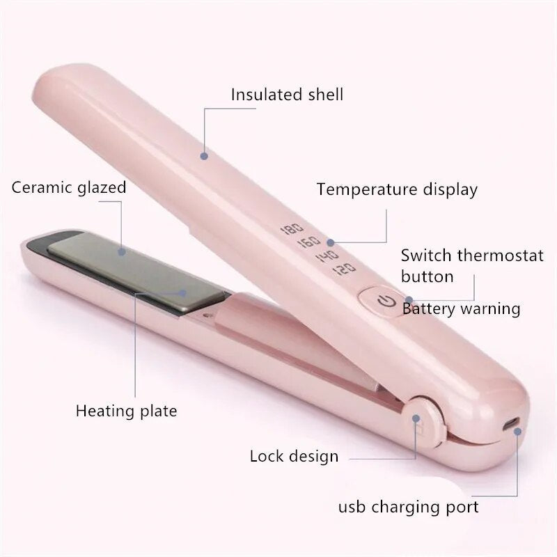 USB Rechargeable Portable Mini Wireless Curling Iron Dual-Purpose Four-Speed Temperature Regulating Hair Straightener