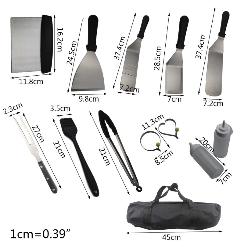 Portable Barbecue Tool Set with Storage Bags Complete Grill Utensils Kit Metal Spatulas Scraper Egg Rings for Friends