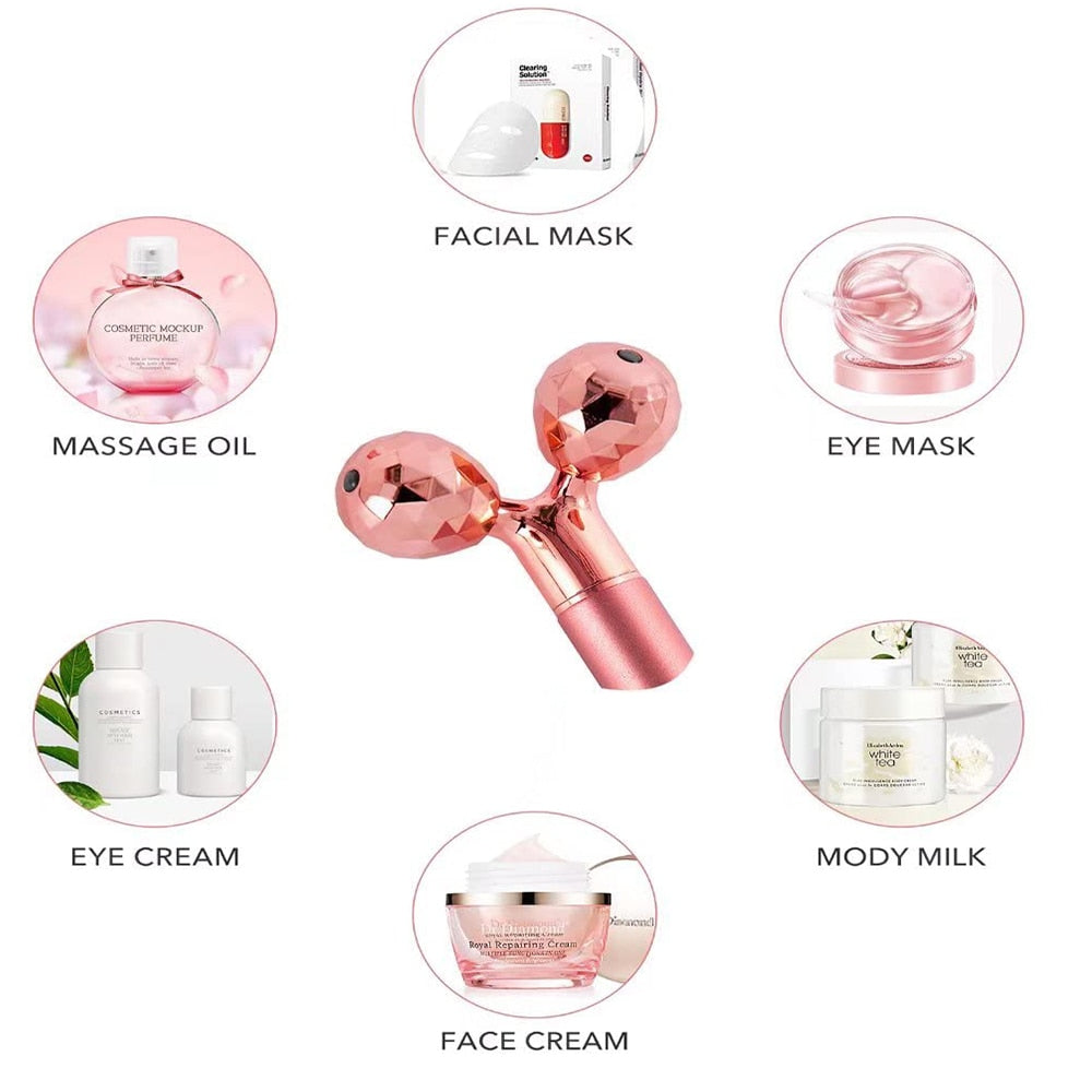 5-in-1 24K Gold Beauty Bar Face Massager Electric Vibrating Rose Quartz 3D Roller Face Lifting Body Facial Gua Sha Jade Roller