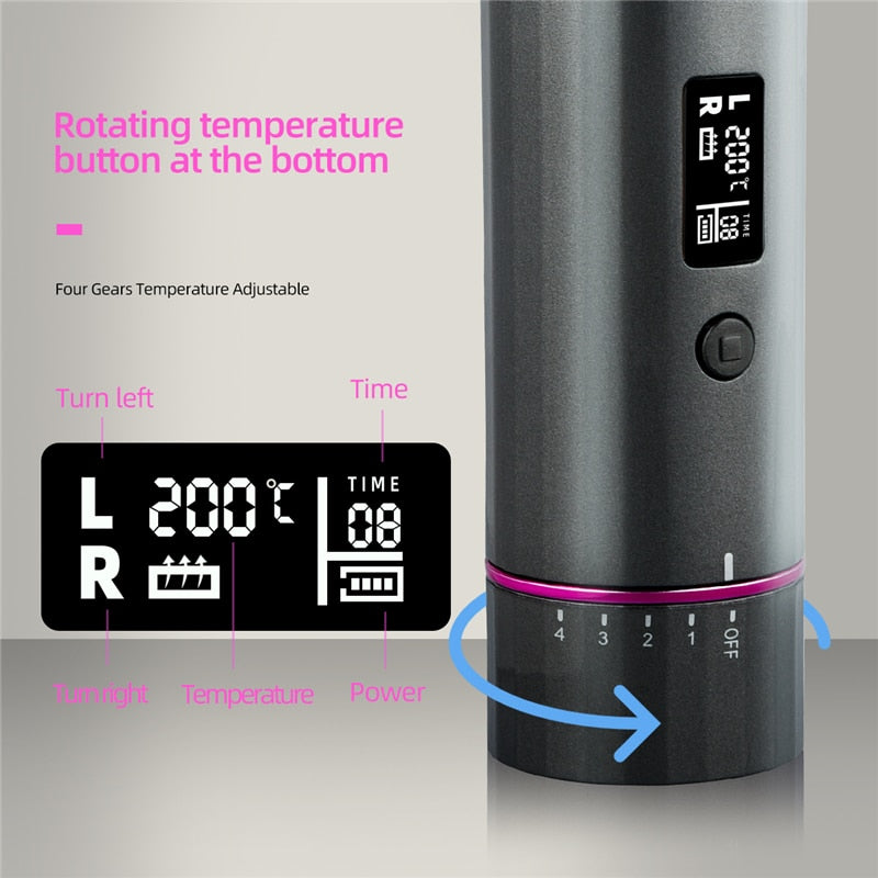 Automatic Hair Curler Ceramic Cordless Curling Iron Rechargeable Hair Waver Tongs Auto Rotating LED Display Portable Curling