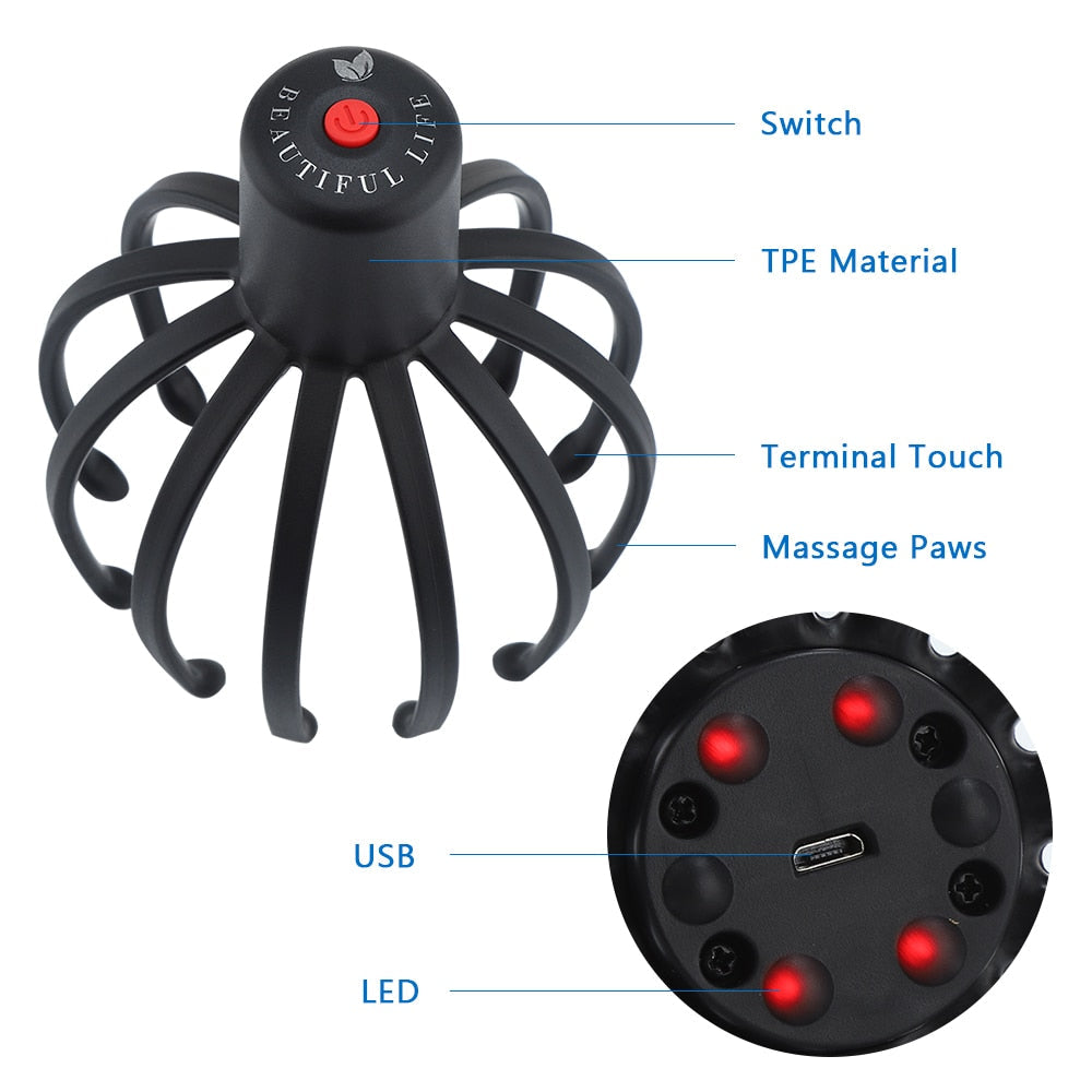 Electric Octopus Claw Scalp Massager Stress Relief Head Scratcher Stress Relief and Hair Stimulation Hands-Free USB