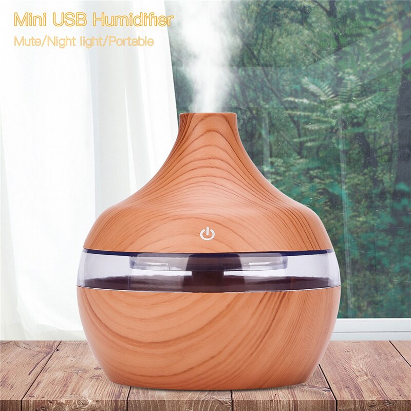 300ml USB Electric Ultrasonic Air Humidifier Wood Grain 7 Color LED Lights Essential Oil Aroma Diffuser Office Home