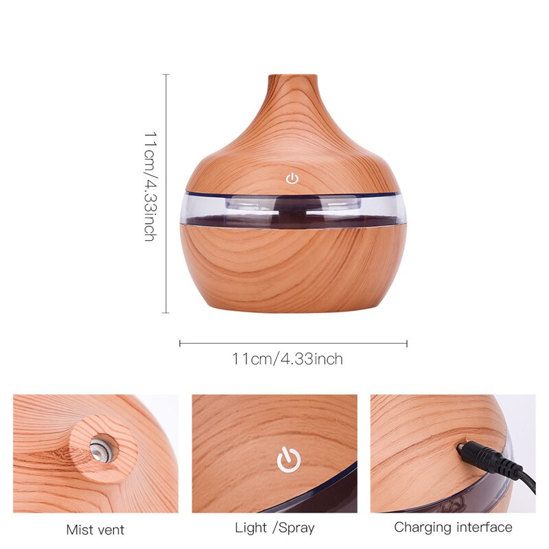 300ml USB Electric Ultrasonic Air Humidifier Wood Grain 7 Color LED Lights Essential Oil Aroma Diffuser Office Home