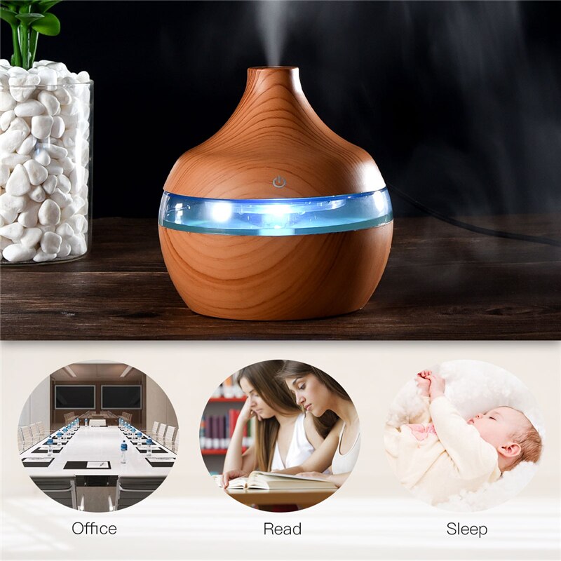 300ml USB Electric Ultrasonic Air Humidifier Wood Grain 7 Color LED Lights Essential Oil Aroma Diffuser Office Home