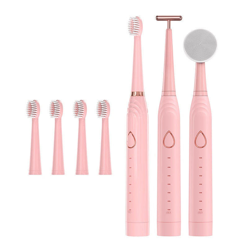 7 in 1 Electric Toothbrush Sonic Vibration 6 Modes USB Charging Cleansing Facial Lift Massager Waterproof Smart Tooth Brush Set