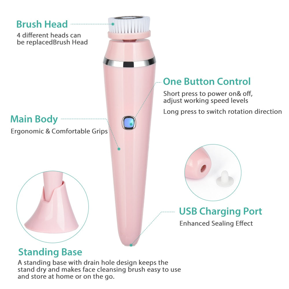 4 in 1 Facial Cleansing Brush Rechargeable Electric Waterproof Spin Sonic Exfoliating Face Scrubber Brush Kit Skin Care