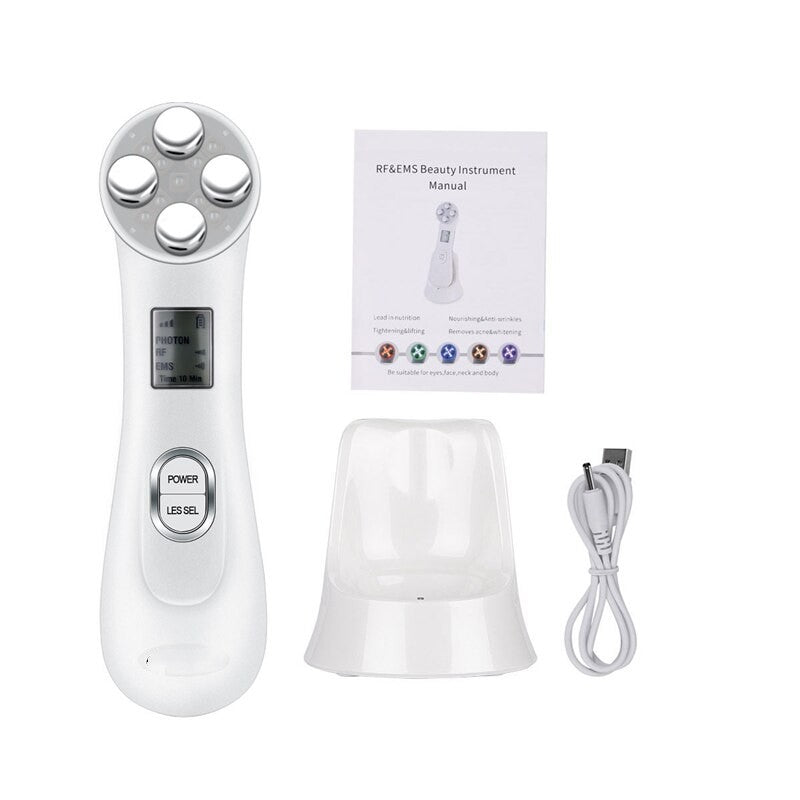 Multifunctional EMS Electroporation Professional Beauty Instrument RF Radio Facial Skin Care Frequency Beauty Massager Device (White)