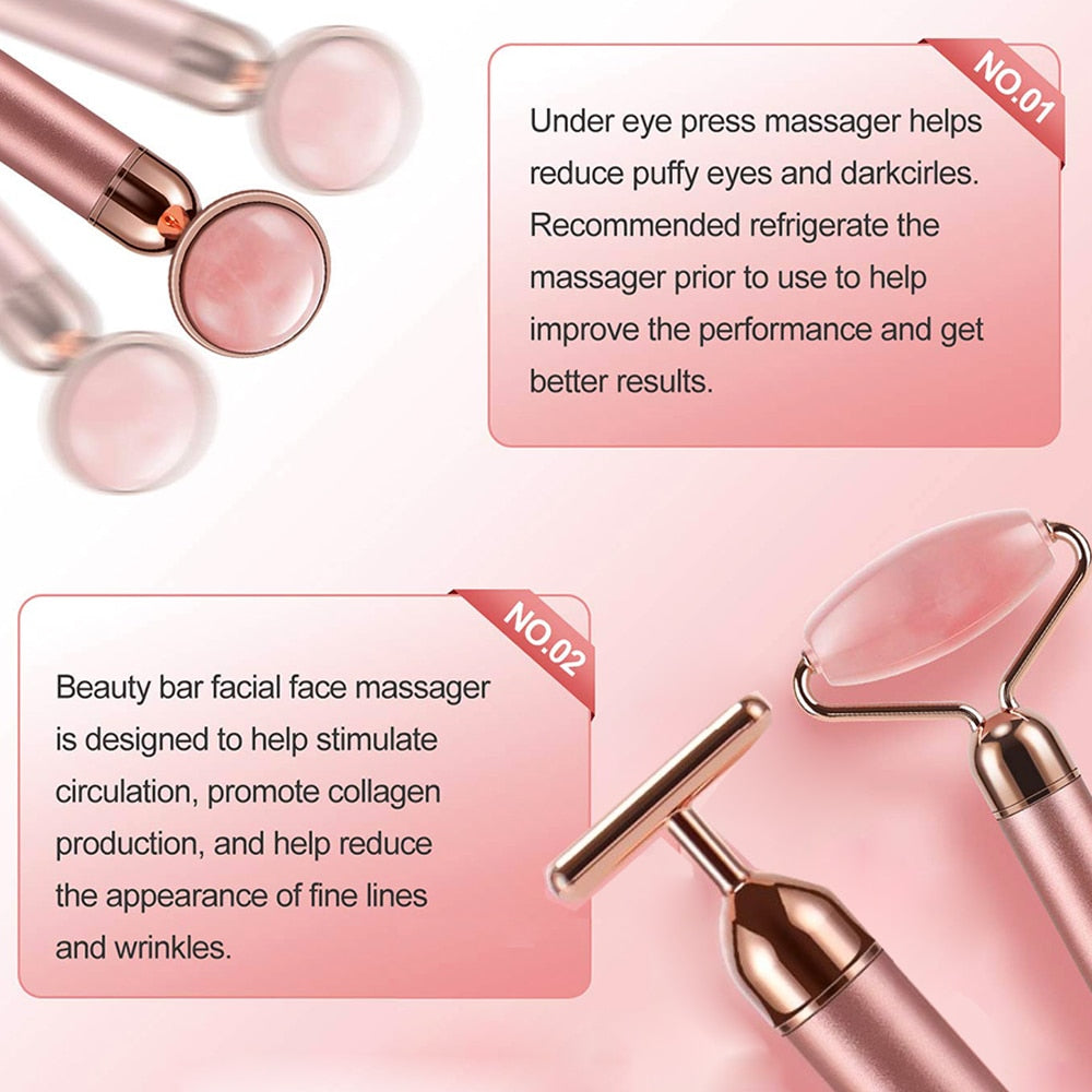 3 In 1 Quartz Vibrating Facial Jade Roller Massager Anti Wrinkles Skin Tightening 24k Golden Pulse Anti-Aging Facial Beauty Set