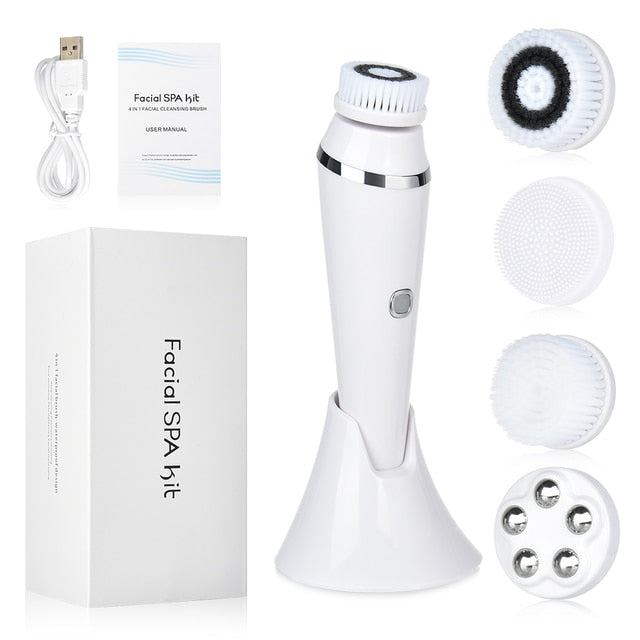 4 in 1 Facial Cleansing Brush Rechargeable Electric Waterproof Spin Sonic Exfoliating Face Scrubber Brush Kit Skin Care