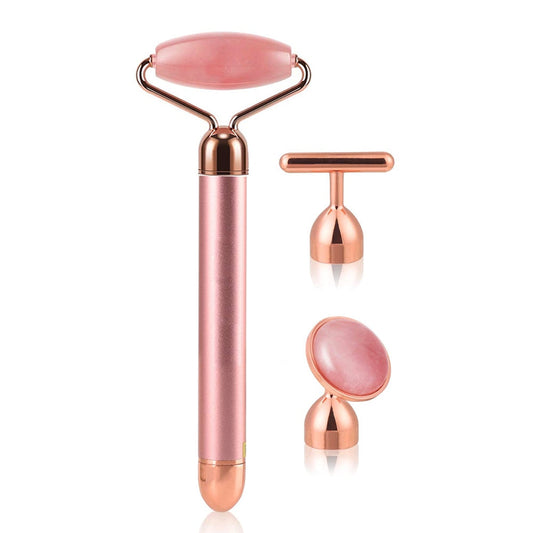 3 In 1 Quartz Vibrating Facial Jade Roller Massager Anti Wrinkles Skin Tightening 24k Golden Pulse Anti-Aging Facial Beauty Set