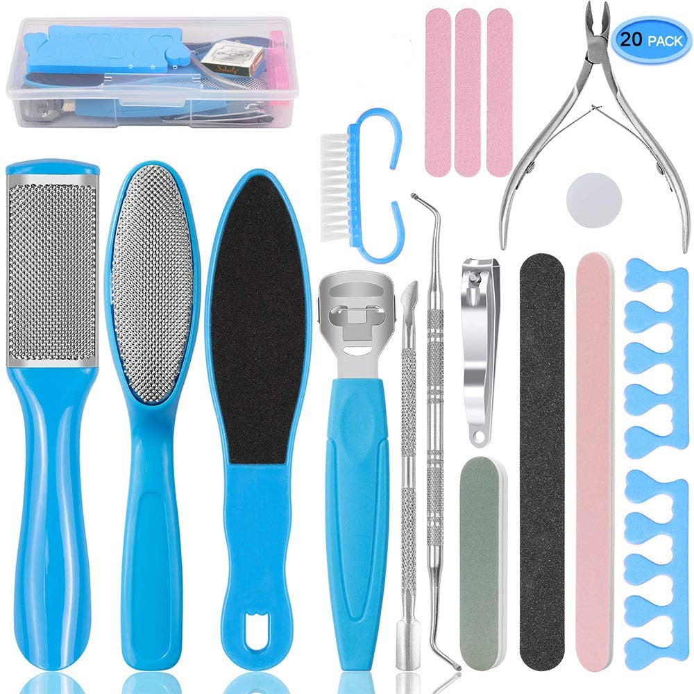 Pedicure Kit 20 in 1 Blue Stainless Steel Professional Pedicure Tools Set Foot Rasp Peel Callus Dead Skin Remover Foot Care