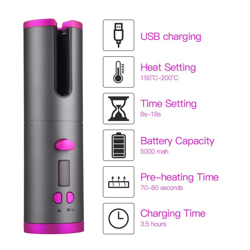 Cordless Automatic Hair Curler Iron Wireless Curling Iron USB Rechargeable Hair Curler For Curls Waves LCD Display Ceramic Curly