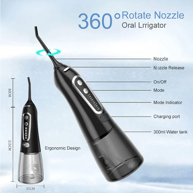 Oral Irrigator 5 Modes USB Rechargeable Portable Dental Water Flosser Jet 300ml Water Tank Teeth Cleaner 6 Jet Nozzle