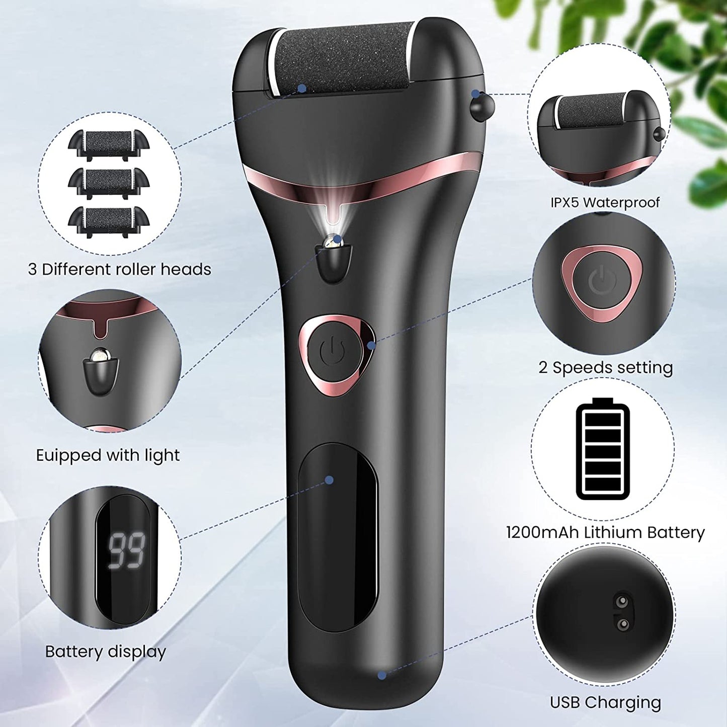 Electric Foot File Rechargeable Waterproof Hard Skin Remover Foot with 3 Rollers Foot Files for Hard Skin and Dead Skin