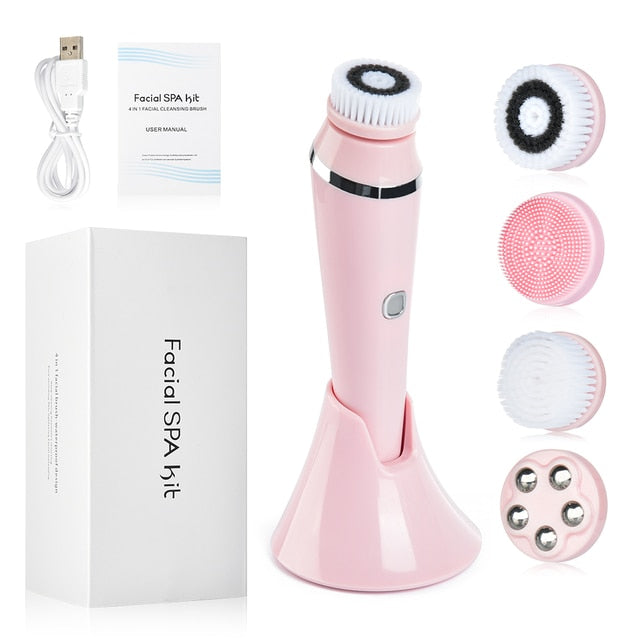 4 in 1 Facial Cleansing Brush Rechargeable Electric Waterproof Spin Sonic Exfoliating Face Scrubber Brush Kit Skin Care