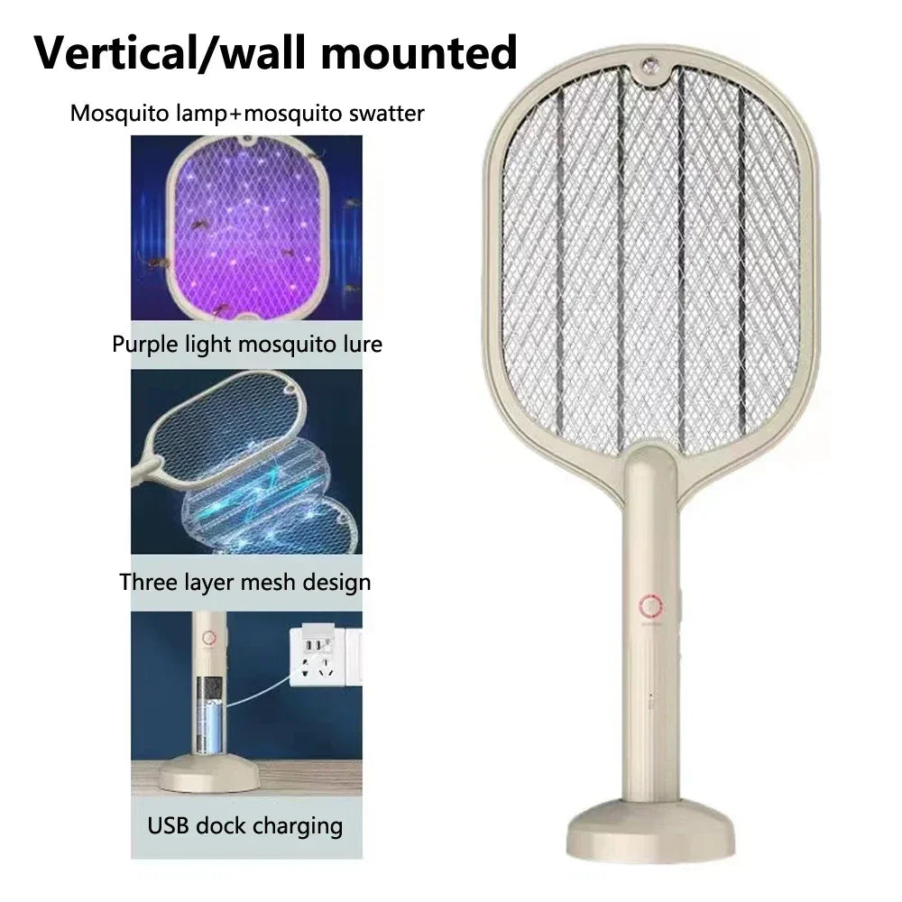 2 in 1 Electric Insect Racket Swatter USB Rechargeable Led Light Hand-Held Mosquito Killer Fly Bug Zapper Trap Mosquito Swatter