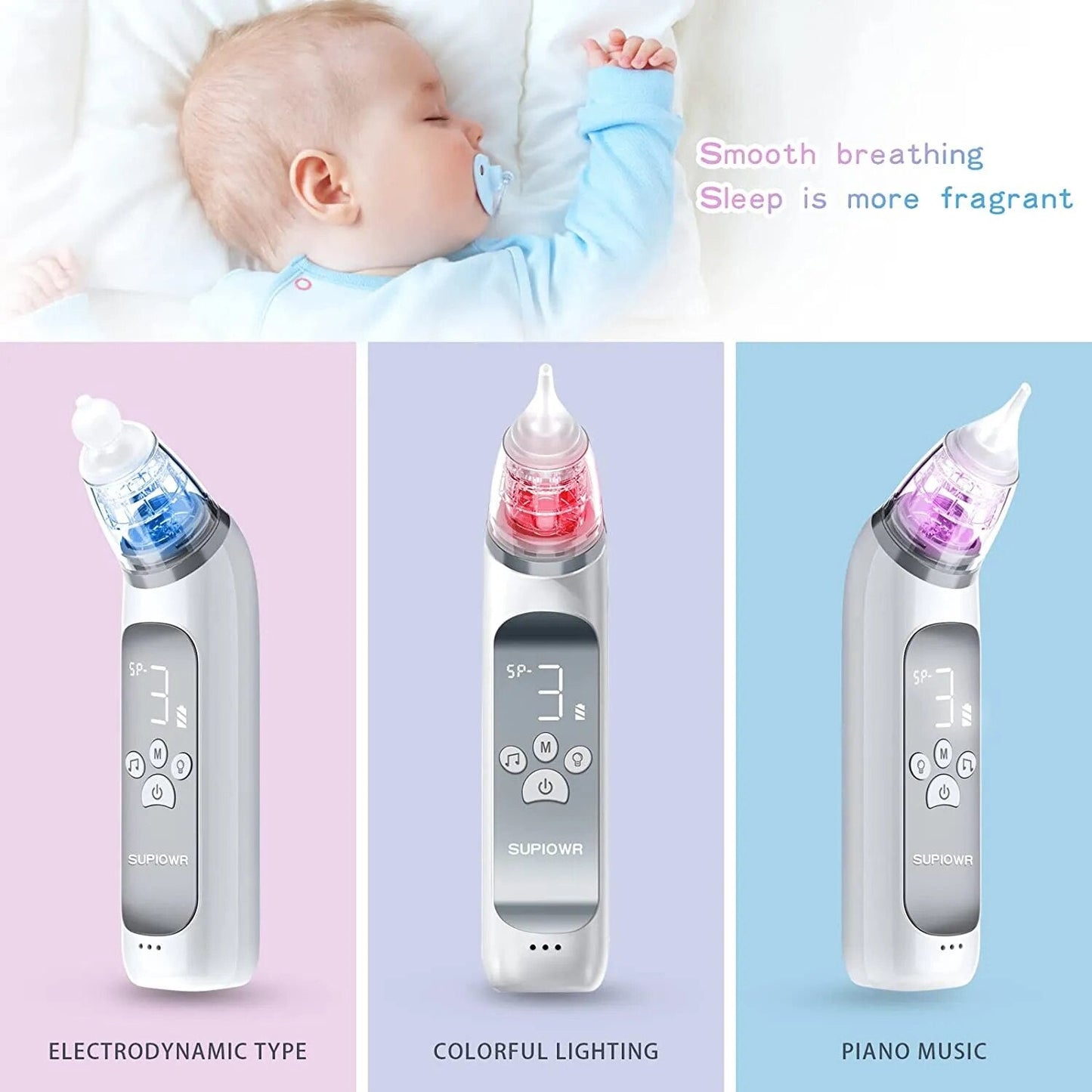 Electric Nasal Aspirator Nose Suction Device with Food Grade Silicond Mouthpiece 3 Suction Modes and Soothing Music