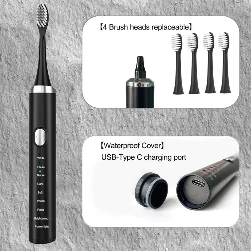 Smart Sonic Electric Toothbrush USB Rechargeable Soft Bristle Dental Care Kit IPX7 Waterproof 8 Speed Mode 500mAh 4 Brush Heads
