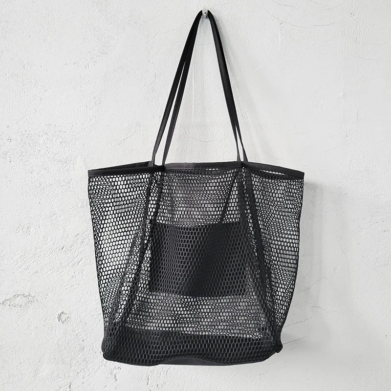 Spring Summer Solid Color Hollow Mesh Tote Bag Large Capacity Travel Shoulder Tote Bag Daily Beach Swimming Gym Shopping Bag