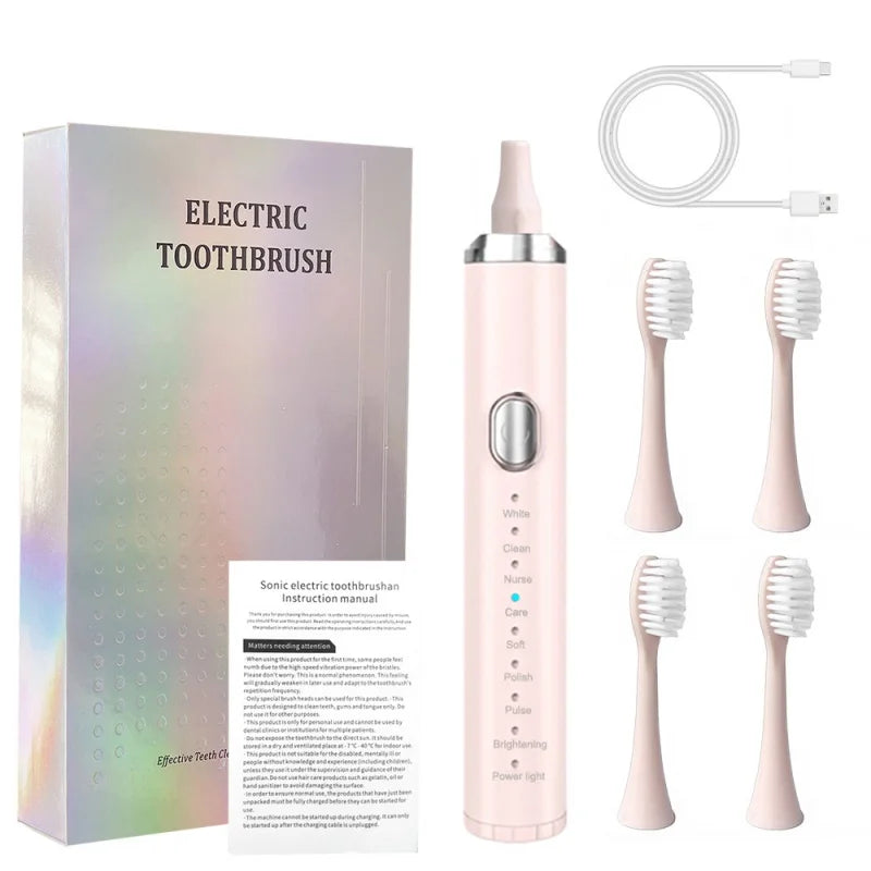Smart Sonic Electric Toothbrush USB Rechargeable Soft Bristle Dental Care Kit IPX7 Waterproof 8 Speed Mode 500mAh 4 Brush Heads