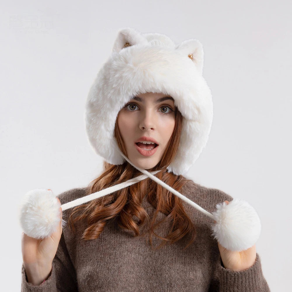 Cute Cat Ears Winter Hat Add Fluff Lined Windproof Warm Beanies With Hairballs Outdoor Ear Protection Luxury Hats For Women