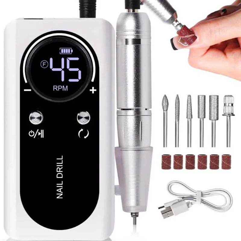 45000RPM Rechargeable Nail Drill Machine with LCD Low Noise Professional Nail Polish Sander Nails Accessories Set