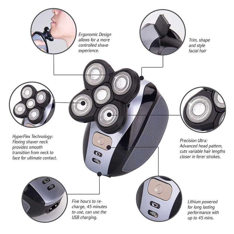 IPX7 High Quality 5 in 1 Men's Electric Shaver Waterproof USB Rechargeable Shaver Hair Trimmer Beard Trimmer Wet & Dry Razor