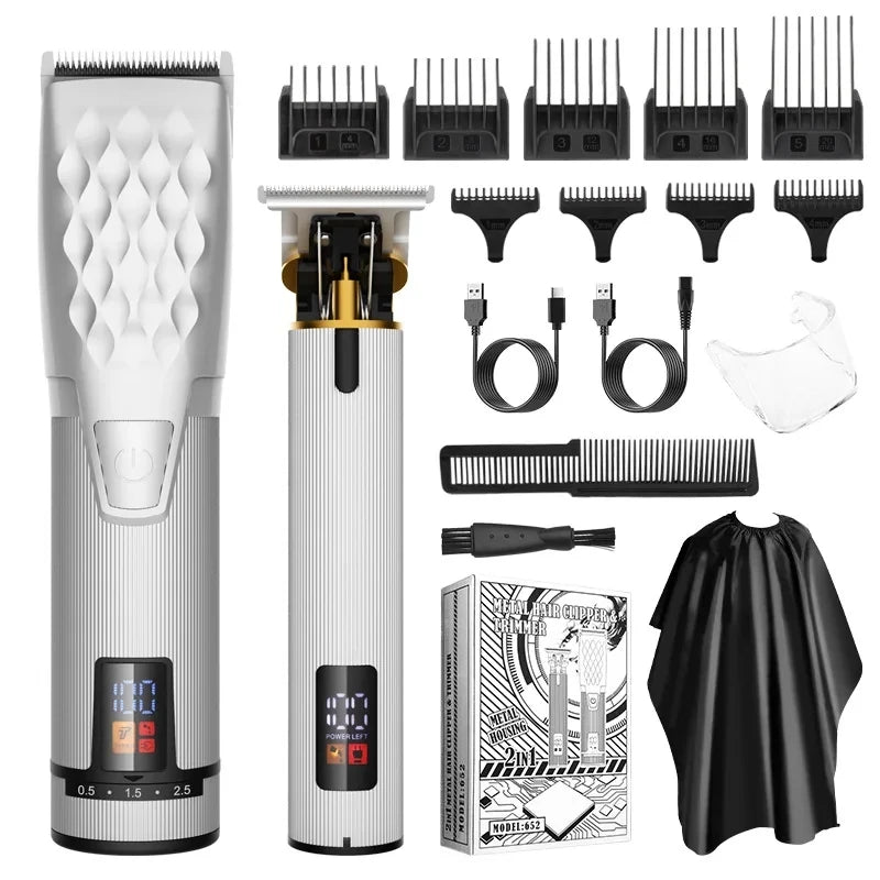 Cordless Professional Trimmer All Metal Body Low Noise Electric Clipper 2 in 1 Trimmer Hair Cutting Machine Rechargeable Men