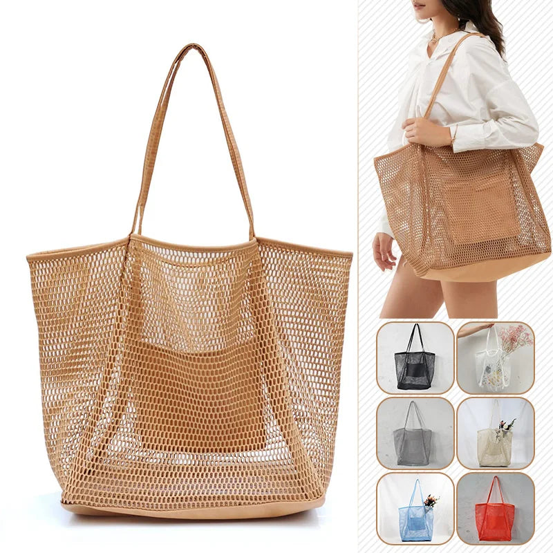 Spring Summer Solid Color Hollow Mesh Tote Bag Large Capacity Travel Shoulder Tote Bag Daily Beach Swimming Gym Shopping Bag