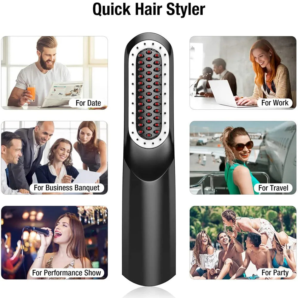 Multifunctional Mini Hair Comb Wireless  for Men & Women Fast Heated Brush Hot Electric Comb Beard Straightener Hair Curler
