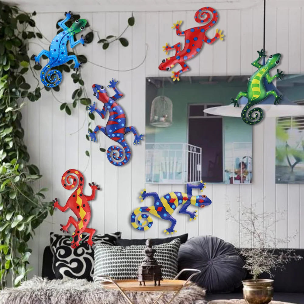 Metal Gecko Wall Decor Art Craft Inspirational Sculpture Hang Indoor Outdoor Home Garden Bedroom Office Landscape Decoration
