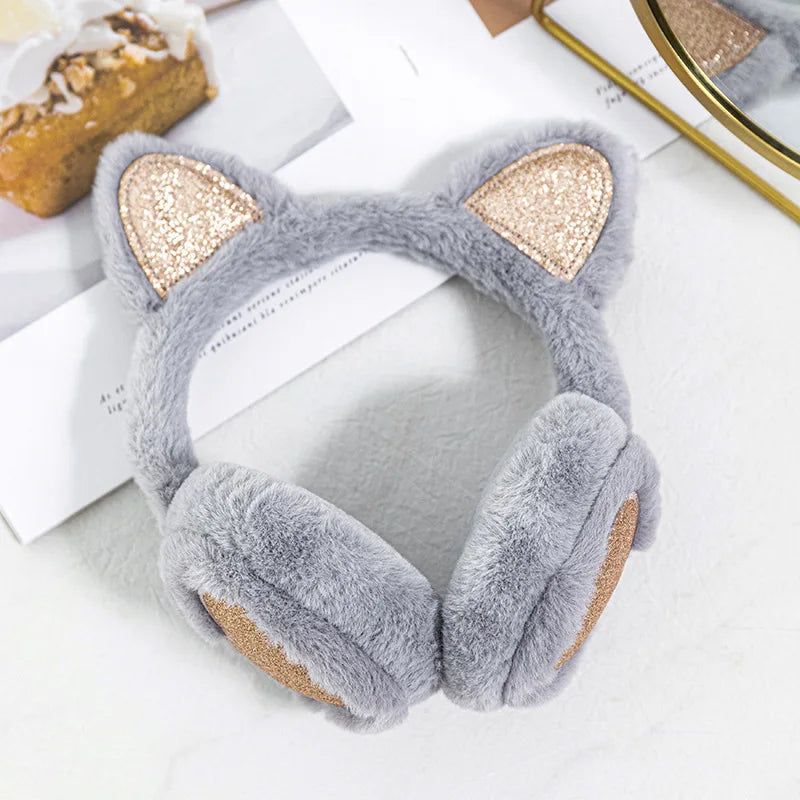 Cute Glitter Cat Ear Earmuff Soft Plush Warmer Winter Warm for Women Men Fashion Solid Earflap Outdoor Cold Protection Ear Cover