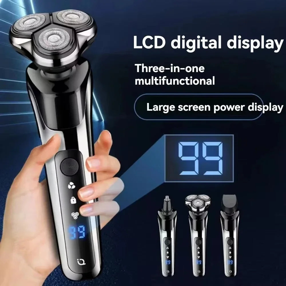 3in1 Electric Shaver Digital Display Rechargeable High Power Portable Trimmer Waterproof Shaver Rotary Razor Travel Gift