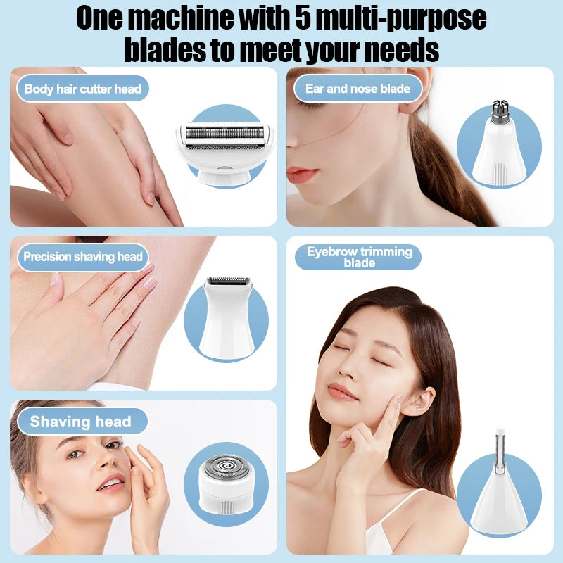 5 in 1 Women's Lady Shaver Electric Razor Electric Face Shavers Eyebrow Trimmer Painless Bikini Trimmer Hair Removal