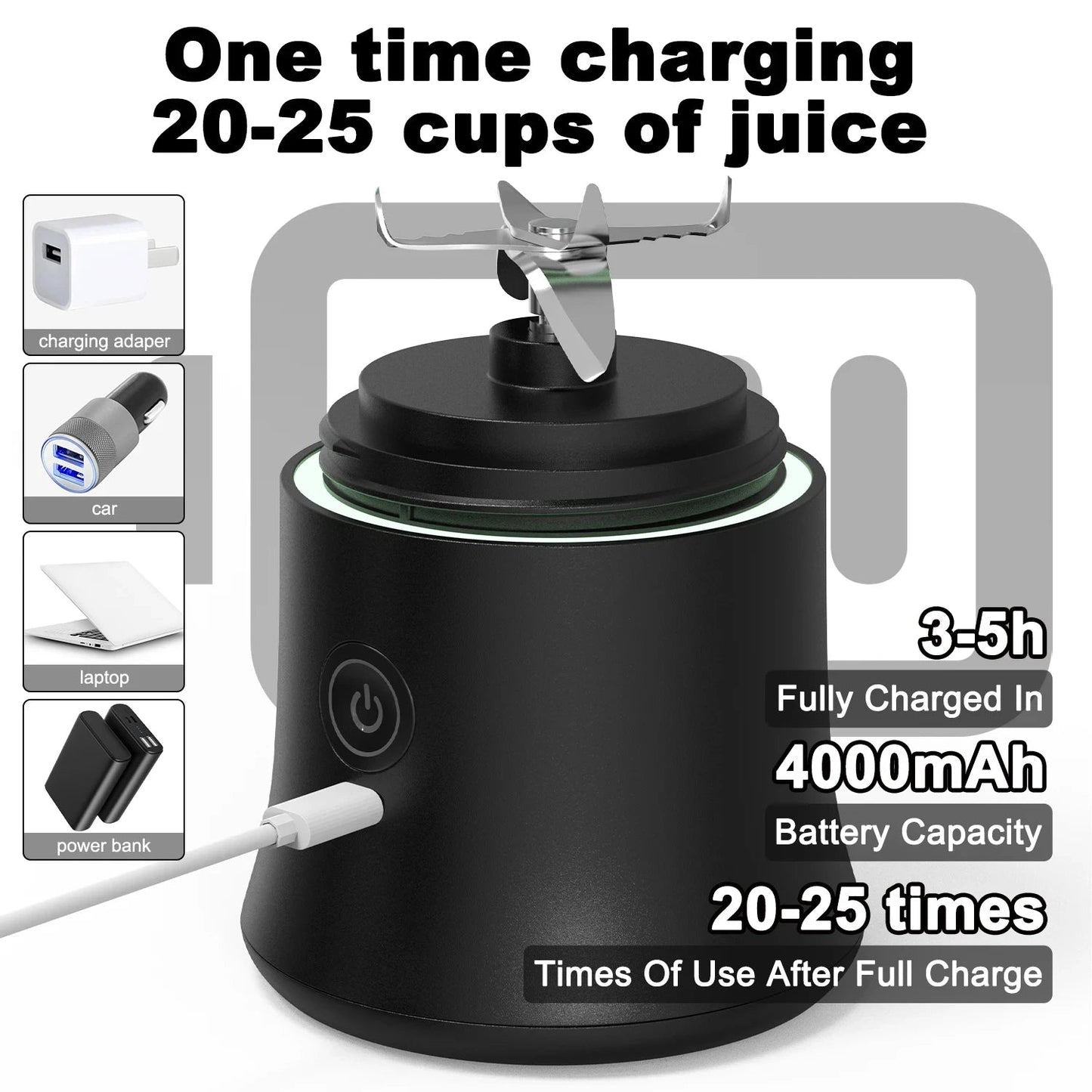 4000mAh Portable Juicer Cup 600ML 10-Leaf Blade Powerful Motor Mini Blender for Shakes Smoothis Blender Mixer Cup Outdoor