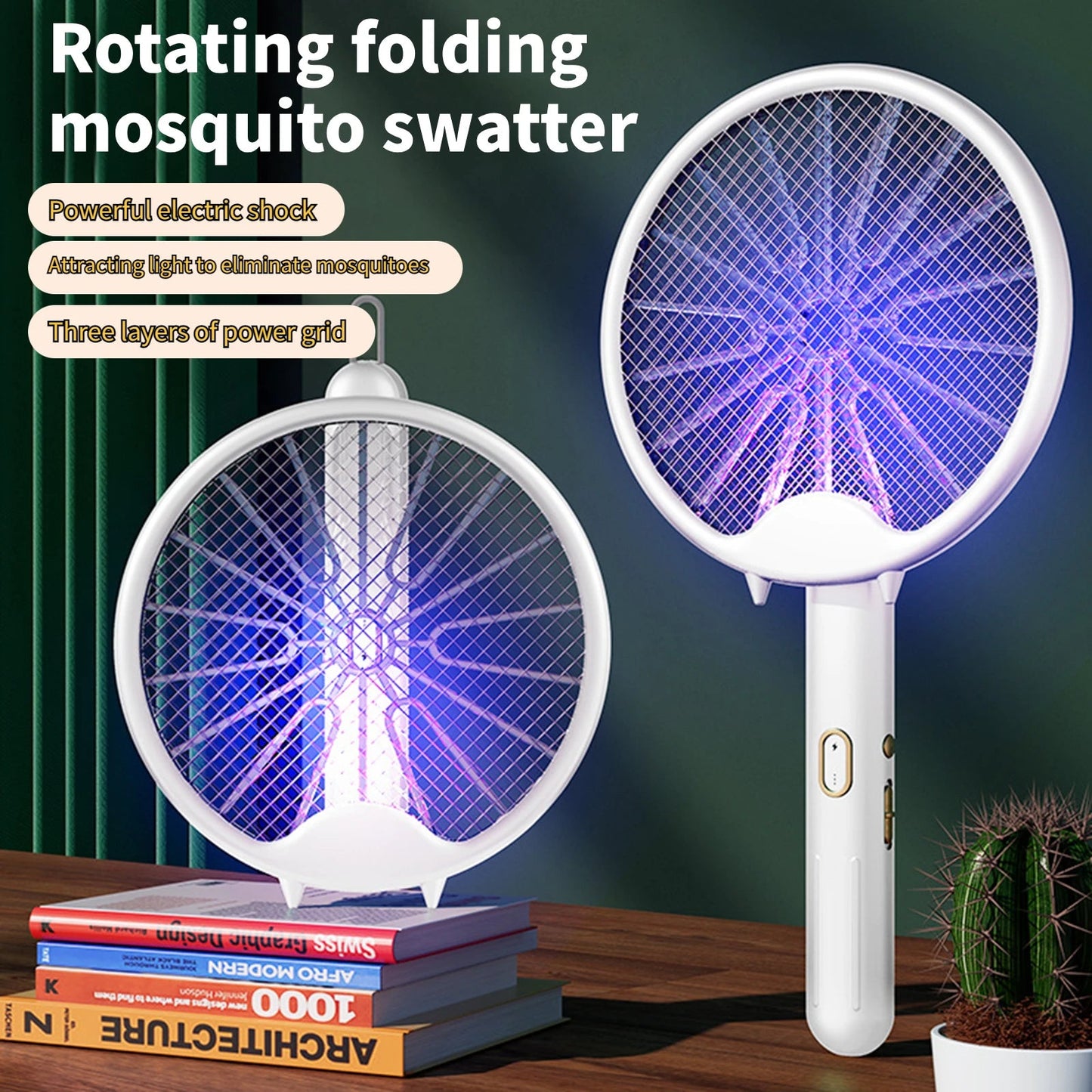 USB Electric Fly Swatters Foldable UV Light Electric Flies Shocker Rotatable 800mAh Rechargeable Pest Control for Outdoor Indoor