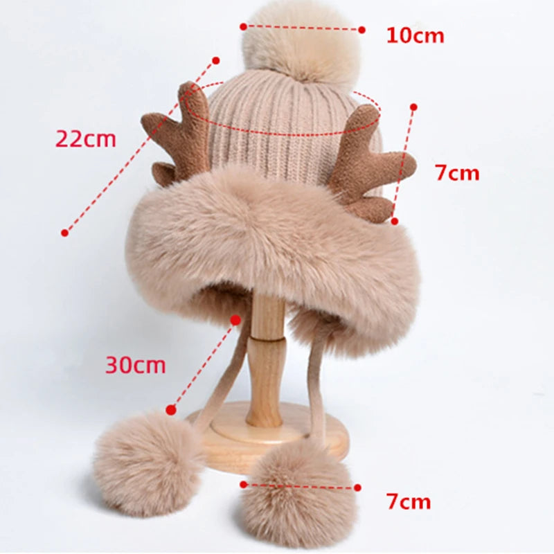Christmas Deer Horn Knitted Hat Women Winter Outdoor Skiing Cold Proof Plush Ear Protection Woolen Hat
