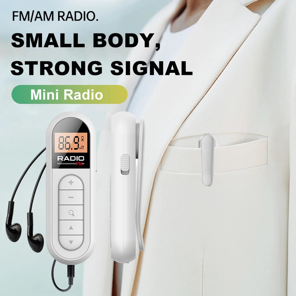 Mini Portable Pocket FM Radio 76-108MHZ Radio Receiver with Backlight LCD Display Wired 3.5mm Headphones Support Type-c Charging