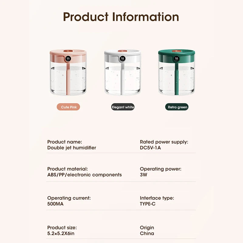 2L Air Humidifier Large Capacity With LCD Humidity Display Night Light Double Nozzle Aroma Essential Oil Diffuser For Home Office
