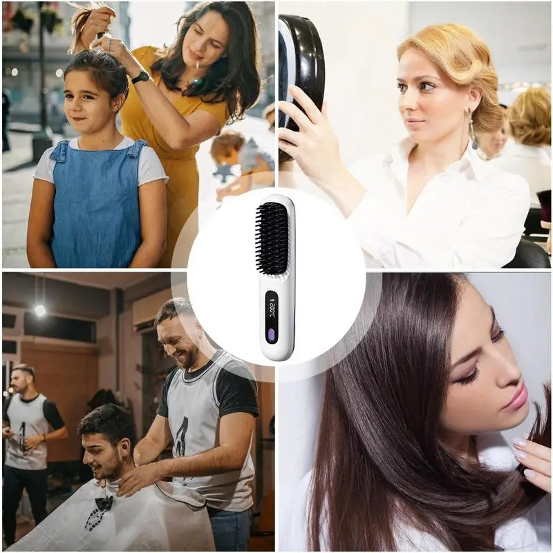 Cordless Hair Straightener Brush LCD Display Cordless Electric Hot Comb With 3 Heating Settings USB Charging 30s Heat-up