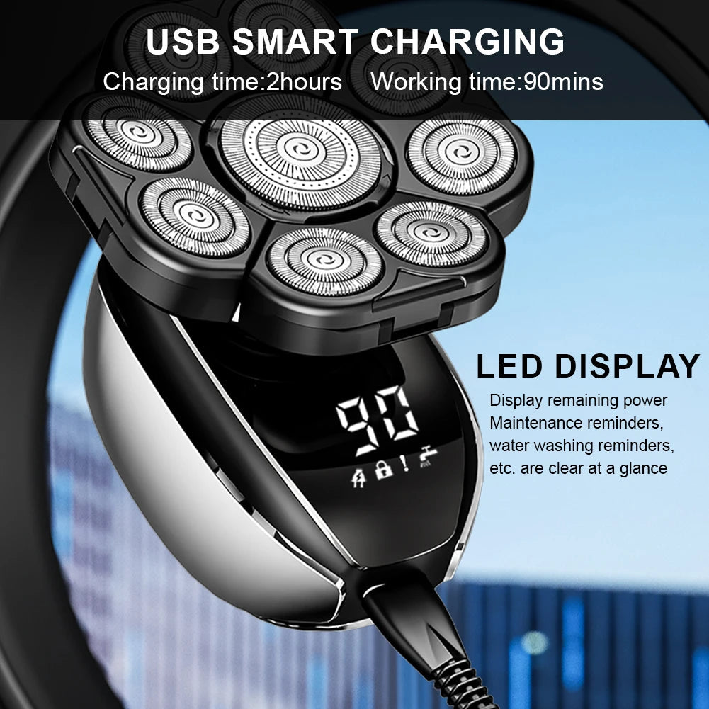 6In1 Men's Bald Head Electric Shaver 9 Blades Floating Heads Beard Nose Ear Hair Trimmer Clipper Facial Brush Rechargeable Razor